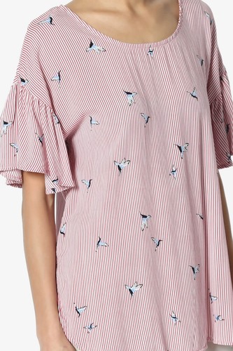 TheMogan Bird Print Striped Ruffle Bell Short Sleeve Hi Low Loose Soft Top - Picture 13 of 20