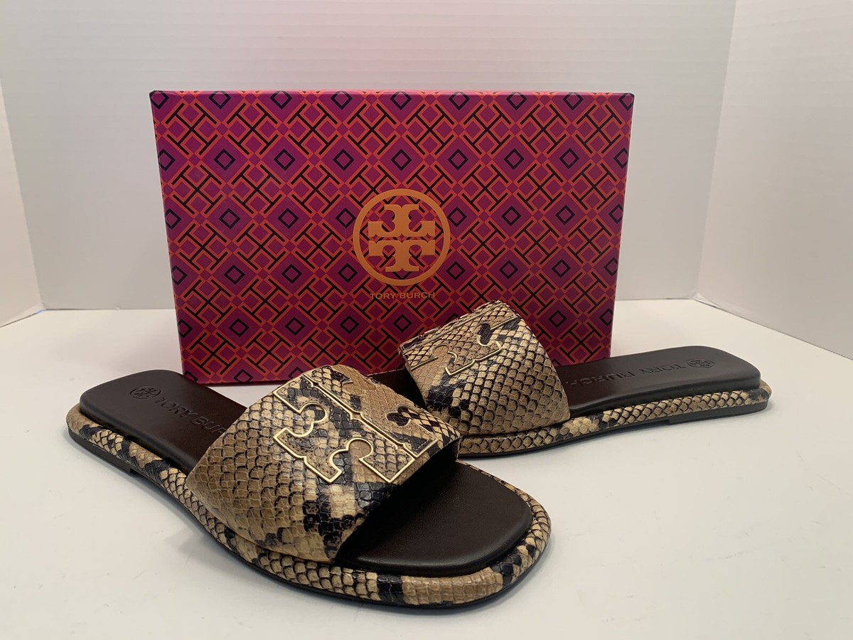 TORY BURCH DOUBLE T SPORT SLIDE snake-print leather upper Sz
