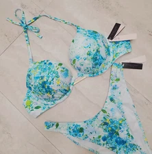 Victoria's Secret BOMBSHELL Push Up SWIM SET brazilian logo 2 cups floral blue