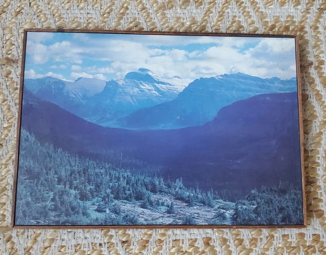 Vintage 70s 80s BLUE Wall Art Mountain Picture Wood Framed MCM