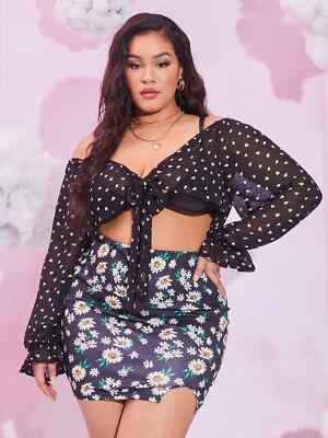Sexy Plus Size Heart Print Tie Front Black Crop Top Cami Blouse Long Sleeves