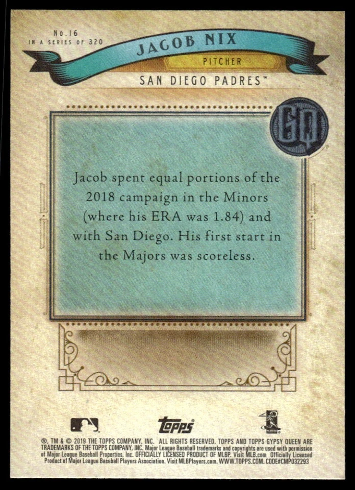 2019 TOPPS GYPSY QUEEN ROOKIE Jacob Nix San Diego Padres #16 R44 - Image 2 of 2