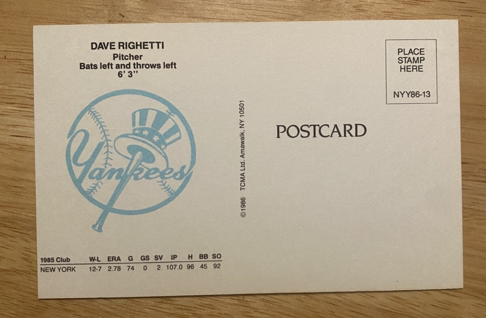 New York Yankees - Dave Righetti - 1986 Postcard - AUTHENTIC | eBay