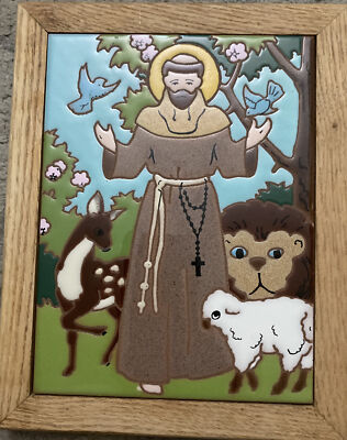 Vintage Tile art Portrait St Francis Arius Tile Company Hand painted  1985