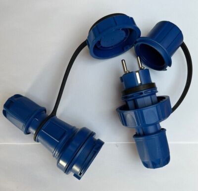 Set Schuko Stecker + Kupplung IP68 IP67 blau wasserdicht 16A 250V 3-polig