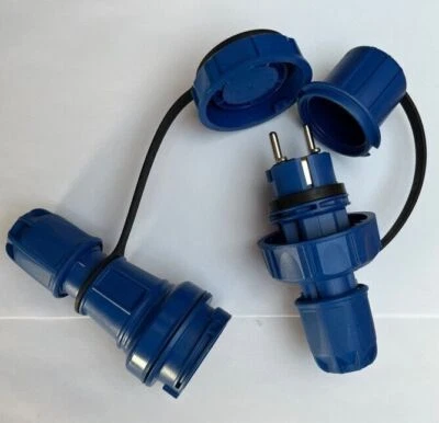 PCE Set Schuko Stecker + Kupplung IP68 IP67 blau wasserdicht 16A 250V 3-polig