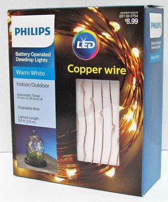 LED Copper Wire Battery Operated Dewdrop Lights w/Timer Philips 9.6ft Warm White