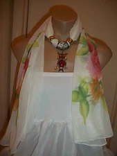 SCARF PENDANT NECKLACE SHAWL WRAP GOLD TONE OWL  SILK  WHITE COLOR LQQK JEWELRY