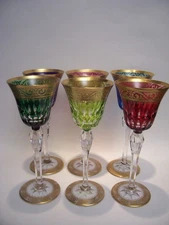 6 RARE SAINT LOUIS CRYSTAL STELLA CUT GOLD ENCRUSTED HOCK ROEMERS WINE 8 1/4 "