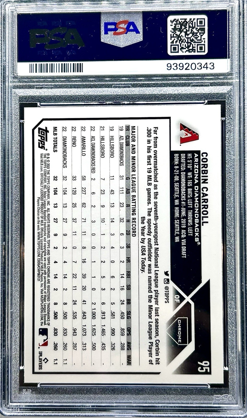 2023 Topps Chrome Corbin Carroll #95 RC Rookie PSA 10 GEM MINT view 2