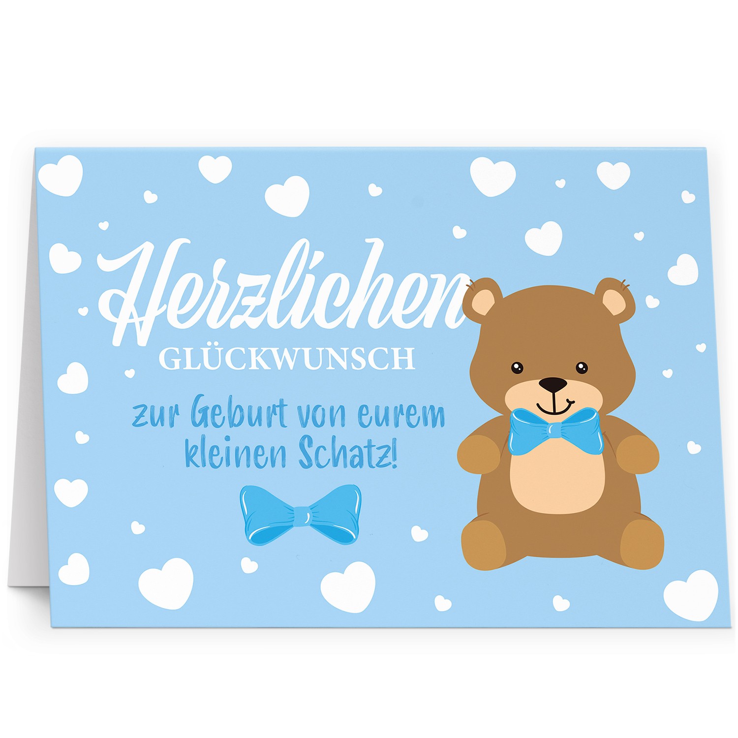 Große Karte zur Geburt XXL Glückwunsch Baby Junge mit Umschlag Bär Herzen blau