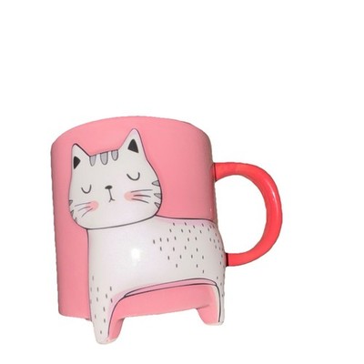 Core 16 fl oz Figural Cat Ceramic Coffee Mug, Pink/White/Red Novelty
