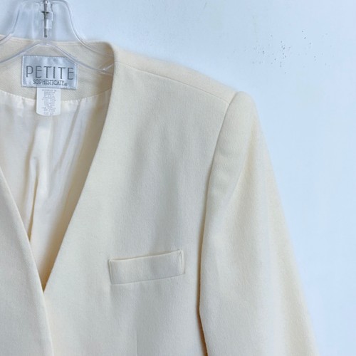 Petite Sophisticate Cream 100% Pure Wool Collarless Blazer Jacket Ivory Size 12P - Afbeelding 4 van 10