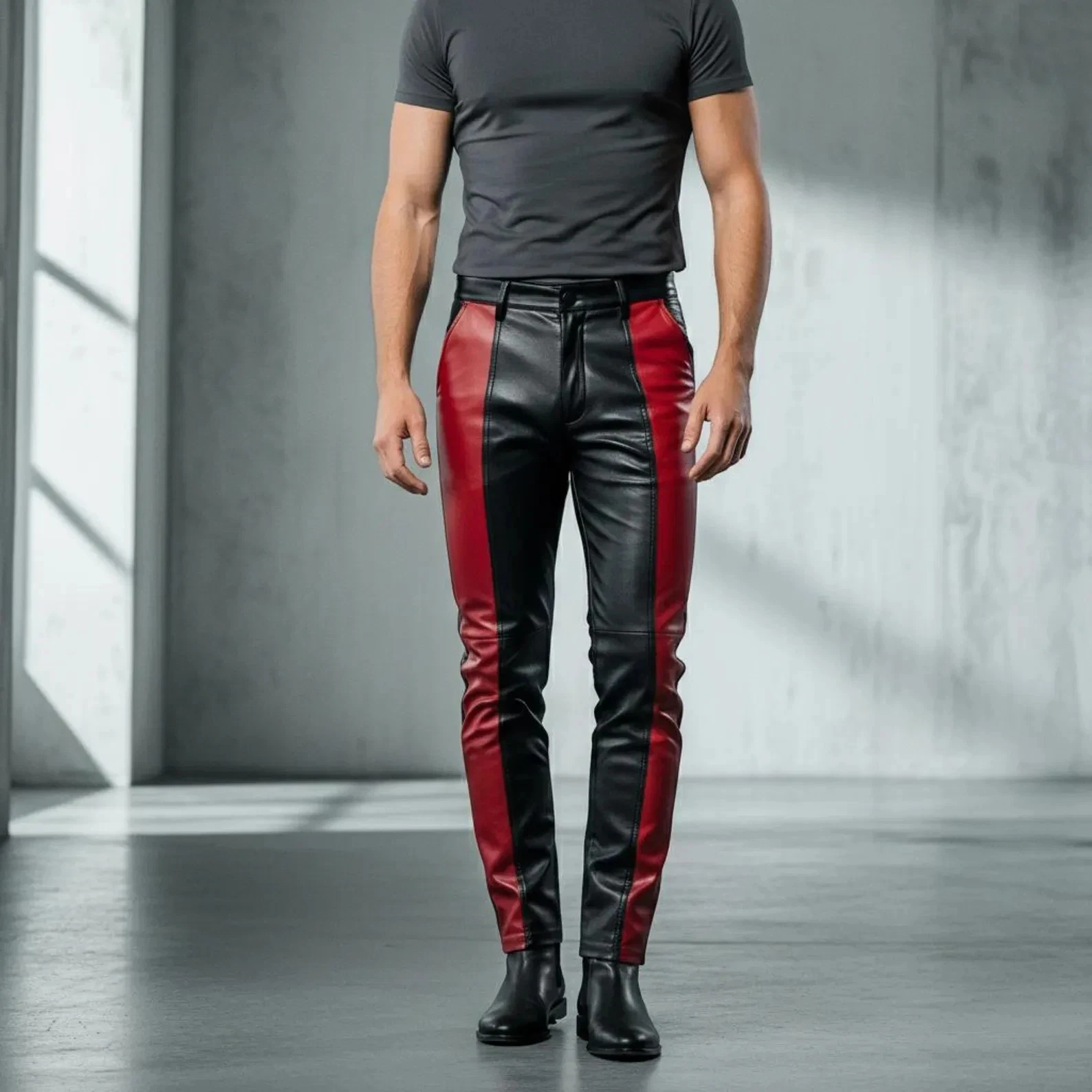 Men's Red and Black Leather Pants Handmade Genuine Leather Motorbike Style Pant