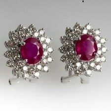 4Ct Lab Created Oval Red Ruby White Diamond Stud Earrings 14K White Gold Plated