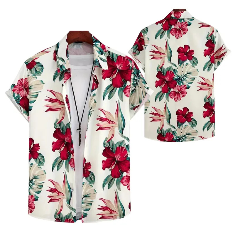 Men's Red Hibiscus Tropical Floral Flower Hawaiian Shirt Beach Aloha Summer