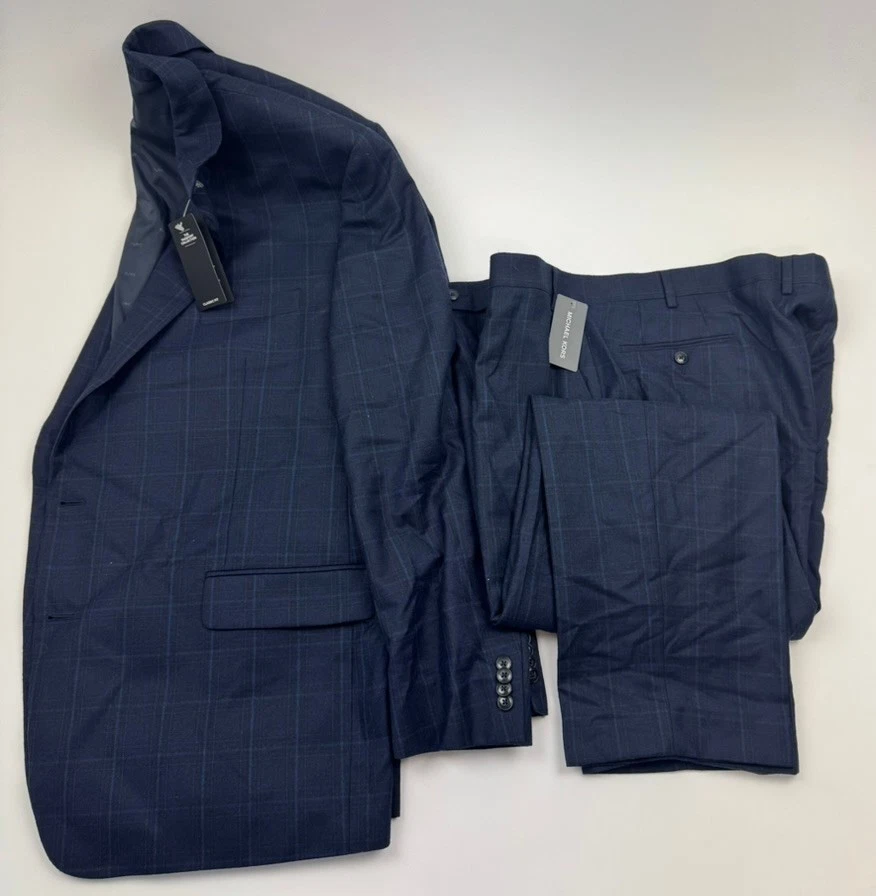 $450 BRAND NEW MICHAEL KORS Mens 50L Blue Check Wool 2 Piece Suit W/ Pants 44x30 - Image 2 of 4