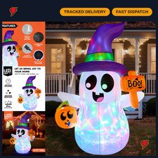 5FT Halloween Inflatable Ghost with Pumpkin - Colorful LED Yard Decoration for P