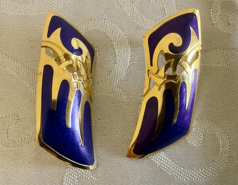Vintage Edgar Berebi Statement Earrings - Gold Tone Blue  Enamel - Pierced
