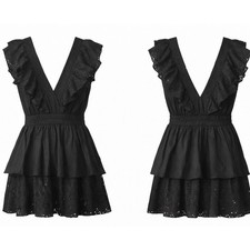 Playa Lucila Black Eyelet Dress Size L V-Neck Ruffle Sleeveless Tiered Mini