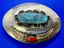 Turquoise& Coral Feather Navajo Native Indian American Art Vintage Belt Buckle