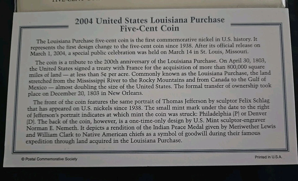 2004 Philadelphia & Denver LOUISIANA PURCHASE Five-Cent Coin First Day of Issue - Image 4 of 4