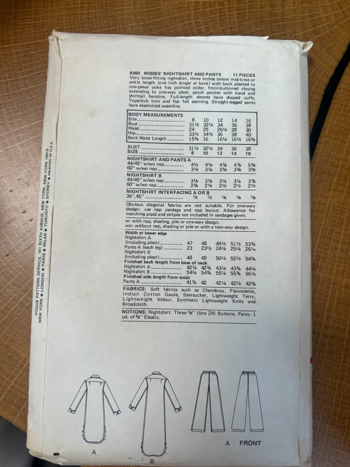 FREE SHIP! 9350 Vogue Patterns Sz 8 Nightshirts and Pants - Image 2 of 2