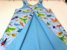 Handmade Crossback Apron Blue with Buttons, Lace, Lined. Large Insect print. D25