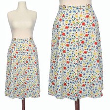 1980s Vintage Floral Skirt Pockets 80s Cream Midi Colorful Flowers Large Size L
