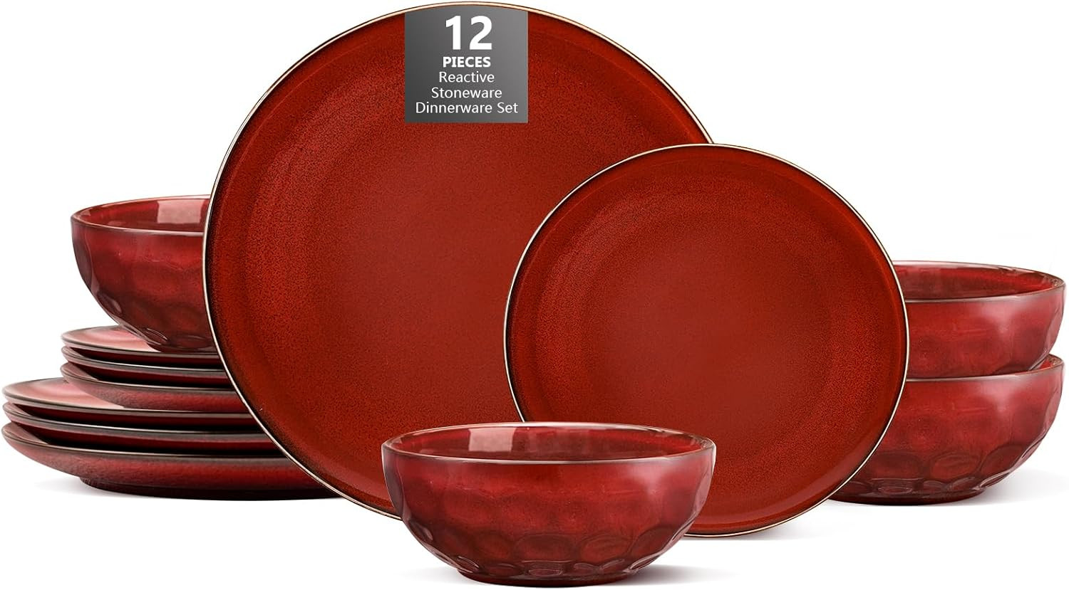 12-Piece Cherry Red Ceramic Dinnerware Set for 4, Microwave & Dishwasher Safe