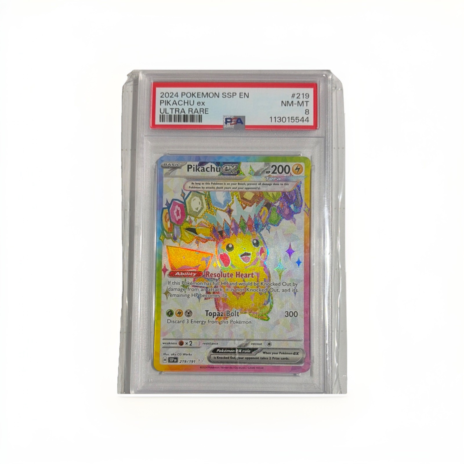 Pokémon 2024 Pikachu ex 219/191 Sv08 Surging Sparks Ultra Rare Holo PSA 8