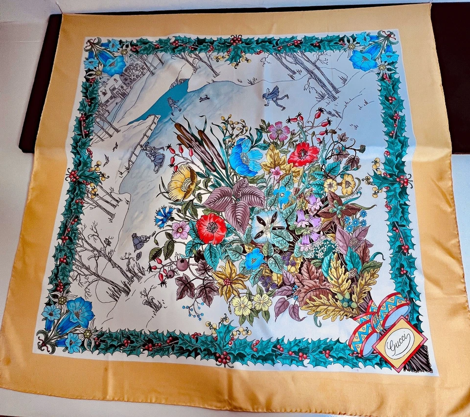 Auténtica bufanda de seda Gucci vintage con motivo de invierno de V. Accornero UU167 Foto 3 de 4