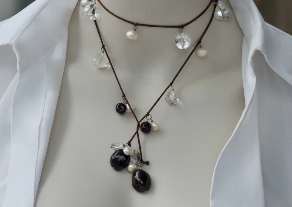 Collier Halskette Choker | Silber Halbedelsteine | Granat | echte Perlen | Seide - Bild 4 von 4