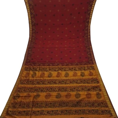 Vintage Rot Sarees 100% Reine Baumwolle Zari Handgewebt Block Gedruckt Sari 4.6m - Bild 1 von 4