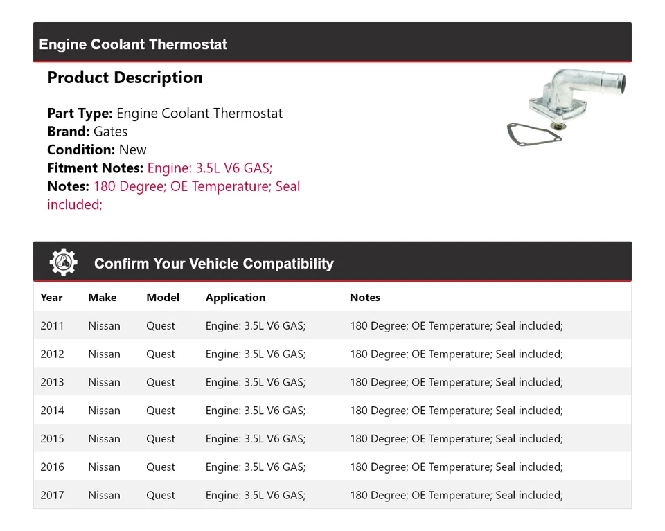 For 2011-2017 Nissan Quest 3.5L V6 GAS Engine Coolant Thermostat Gates 2012 2013 - Image 2 of 4