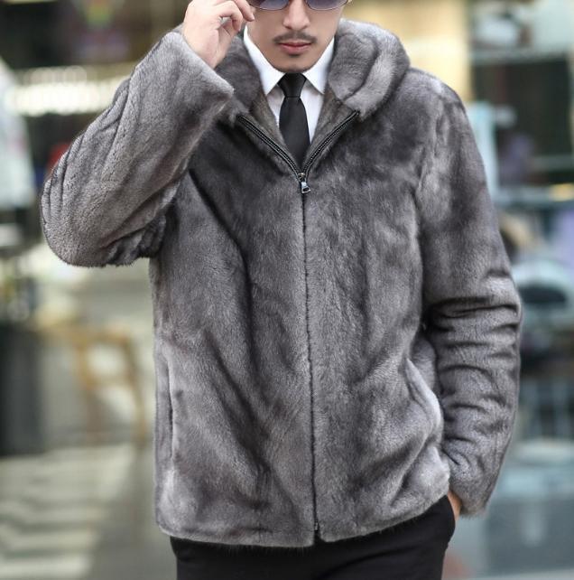 Men's Casual Warm Gray Faux Fur Coat Hooded Long Sleeve Zip Loose