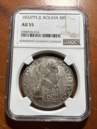 1832 BOLIVIA 8 SOLES JM SILVER  Simon Bolivar Laureate Head - NGC AU 55