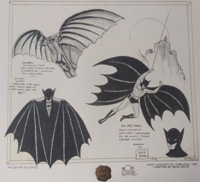 BATMAN DAVINCI SIGNED BOB KANE DUO TONE CONCEPT ART W COA VINTAGE WARNER STORES