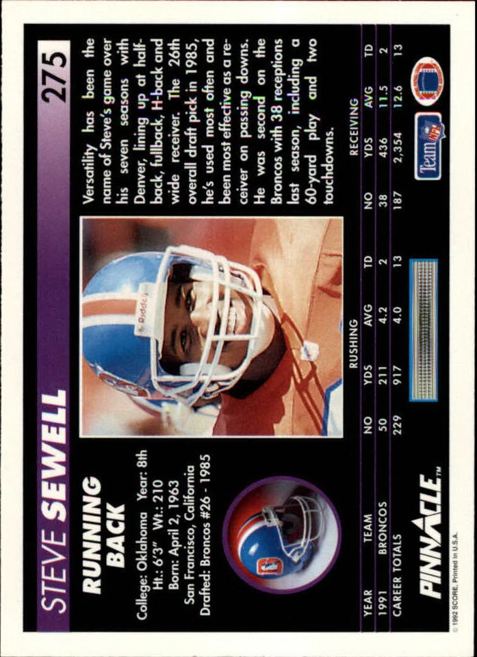1992 Pinnacle #275 Steve Sewell - NM - Image 2 of 2