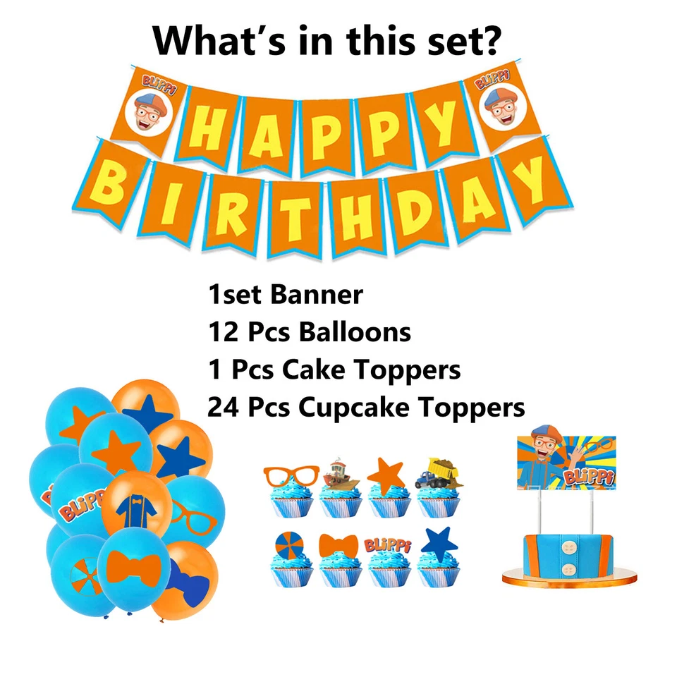Blippi Kids Birthday Party Decorations Set Balloons Banner Cake Topper - Image 2 of 4