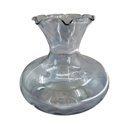 Anchor Hocking Iridescent Blue Ruffled Rim Vintage Glass Vase