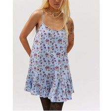 NEW UO Dainty Blue Floral Camille Mini Swing Dress Ruffle Hem Medium