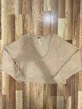 Free People Camel Tan Cropped Sweater Deep V-Neck Raglan Sleeve Size XS