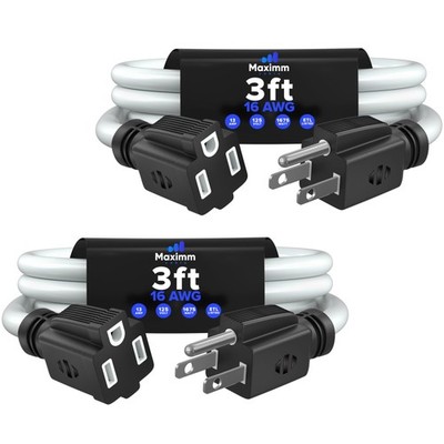 Maximm 3FT 2PK, White Extension Cord, 16AWG 3-Prong, Compact Power Cable