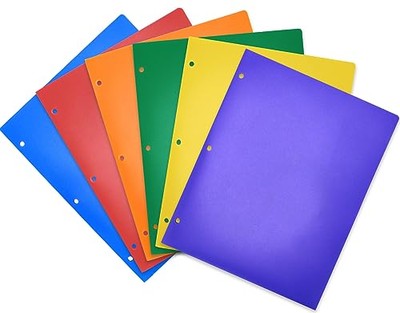 6 Pack Plastic Folders with Pockets 3 Hole Punched Heavy Duty 3 Hole Punch 