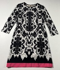 Eliza J Women’s Size 4 Black White Damask 3/4 Sleeve Zip Up Dress Pink Trim