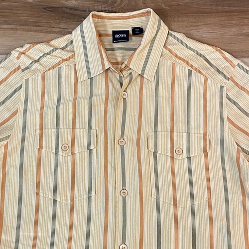BOSS Shirt Mens Medium Striped Short Sleeve Button Up Casual Resort Euro Summe - Picture 2 of 11