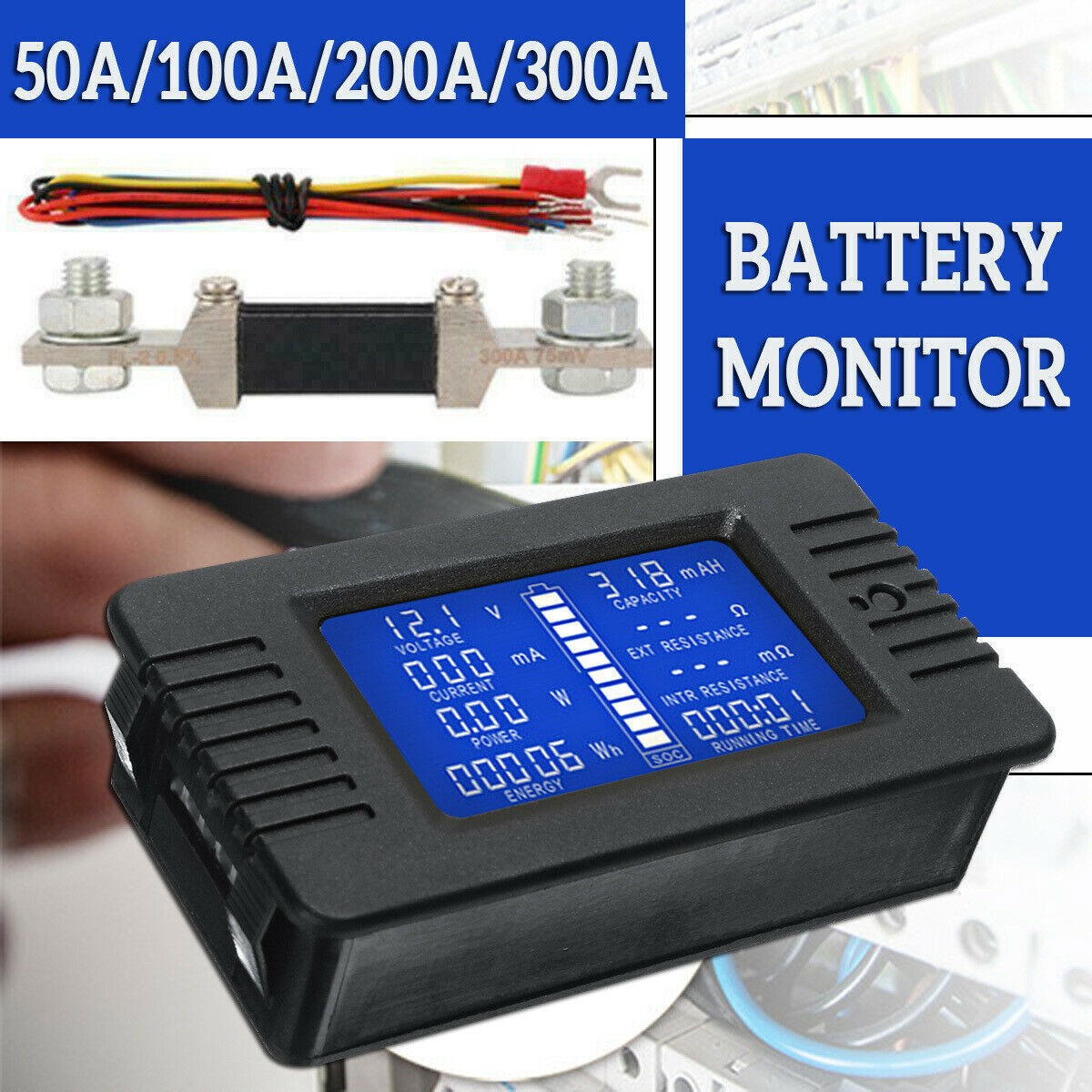 DC 0-200V 10A 50A 200A 300A Probador de Batería de Coche Amperímetro Digital Voltímetro
