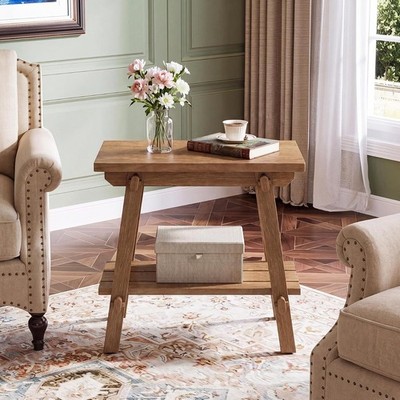 23.6'' Rustic Solid Wood End Table, Farmhouse Narrow Side Table with Lower Shelf