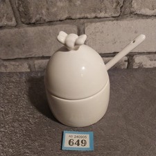 Honeypot Ceramic White Honey Pot & lid. and Spoon. 5" Tall. Perfect For Anything